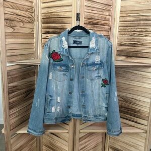 Red Rose Embroidered Jean Jacket